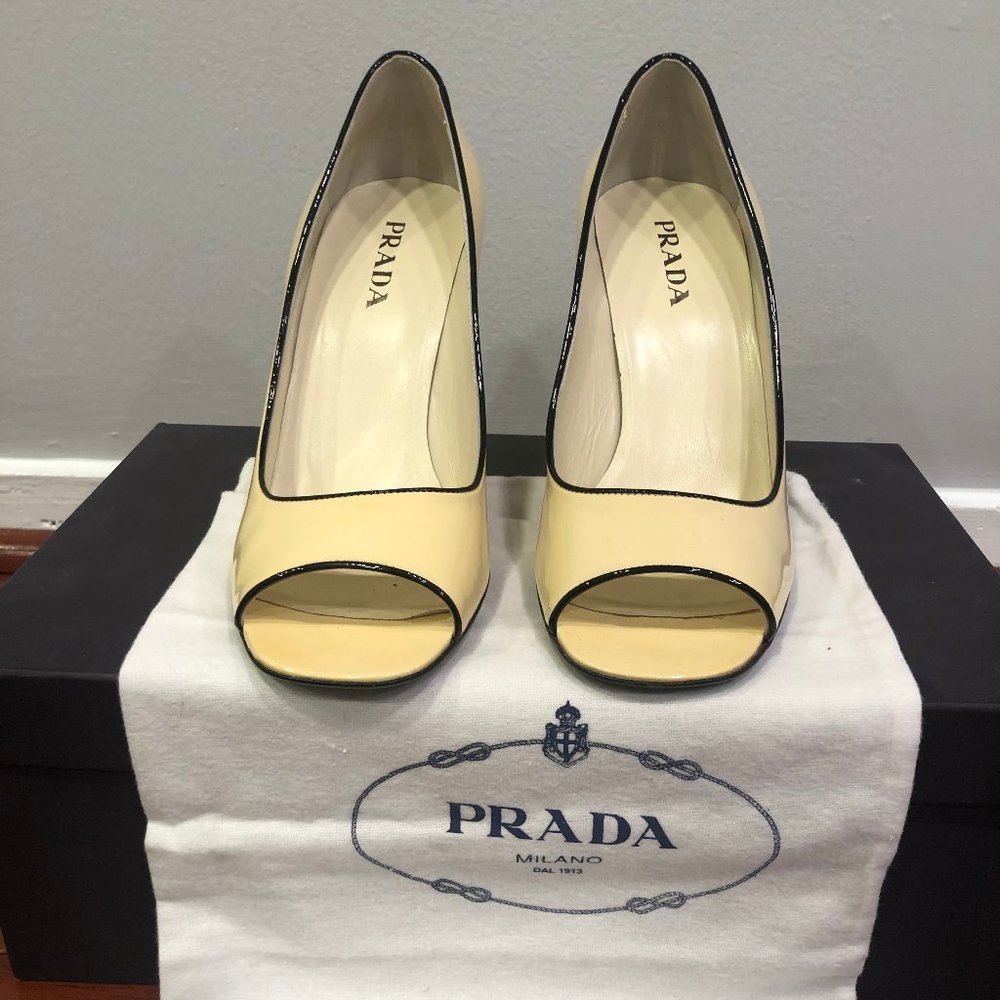 Prada yellow with black trim heels